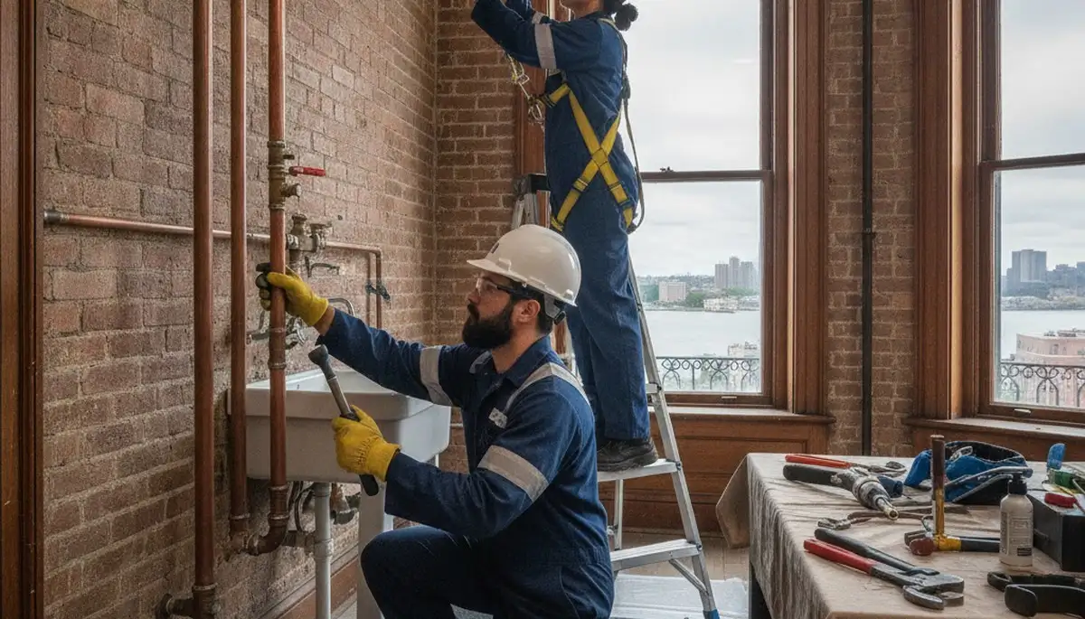 Plumber repairing a pipe in Hoboken, NJ for plumbing service on plumberhobokennj-new.com