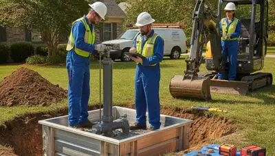 Septic repair technician servicing Hoboken, NJ home plumbing system for slow drainage issue