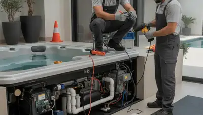 Spa repair technician in Hoboken, NJ fixing plumbing connections for a home's spa