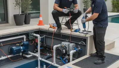 Hoboken, NJ plumber repairing a home spa plumbing connection for reliable service