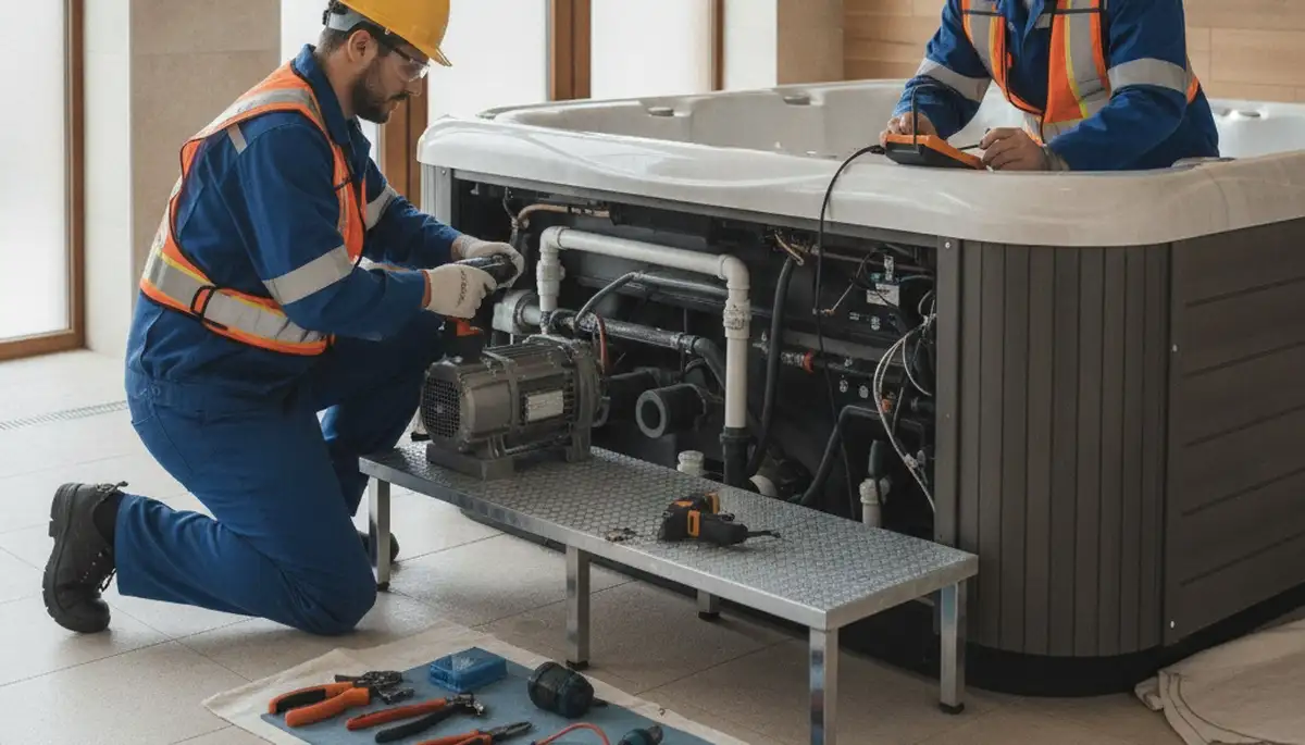 Spa repair technician servicing a home spa in Hoboken, NJ for reliable plumbing maintenance