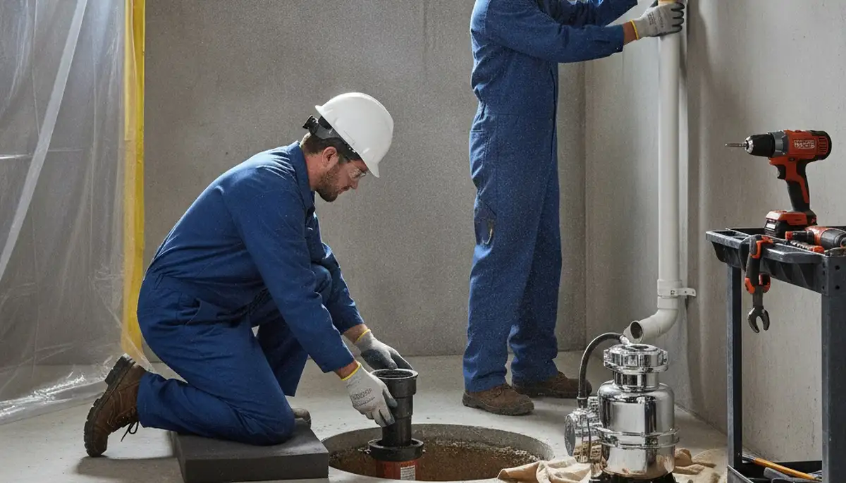 Sump pump installation by Hoboken, NJ plumbers for basement flood protection
